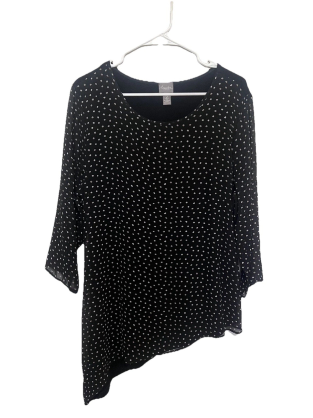 Chico’s Travelers Top Women’s Large 2 Black Tan Polka Dot Liquid Knit Tunic